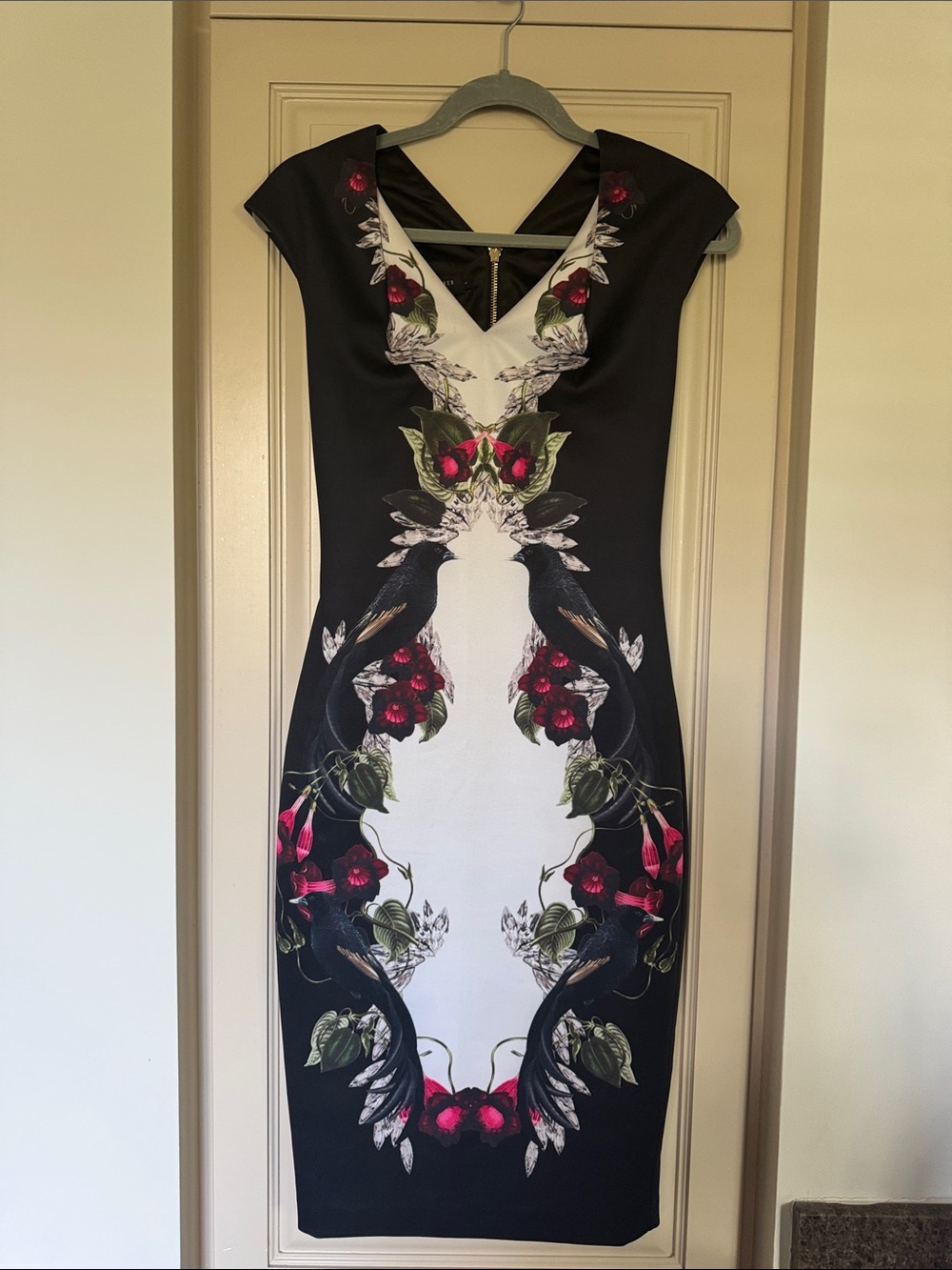 Ted Baker Black White Floral-Print Midi Dress with Pink Accents